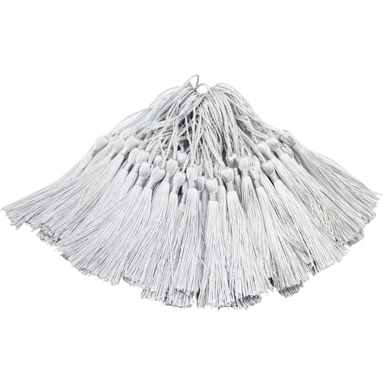 Makhry 100pcs 13cm/5 Inch Silky Floss Bookmark Tassels with 2-Inch Cord Loop and Small Chinese Knot for Jewelry Making, Souvenir, Bookmarks, DIY Craft Accessory (Silver) - Image 1